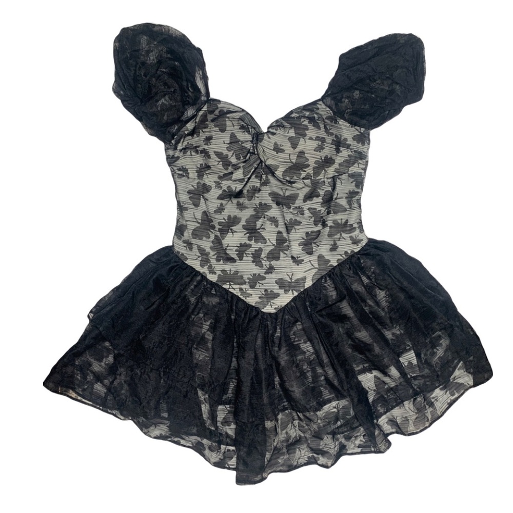 Black Mesh Gothic Baby Doll Dress with Butterflies and Puffed Sleeves